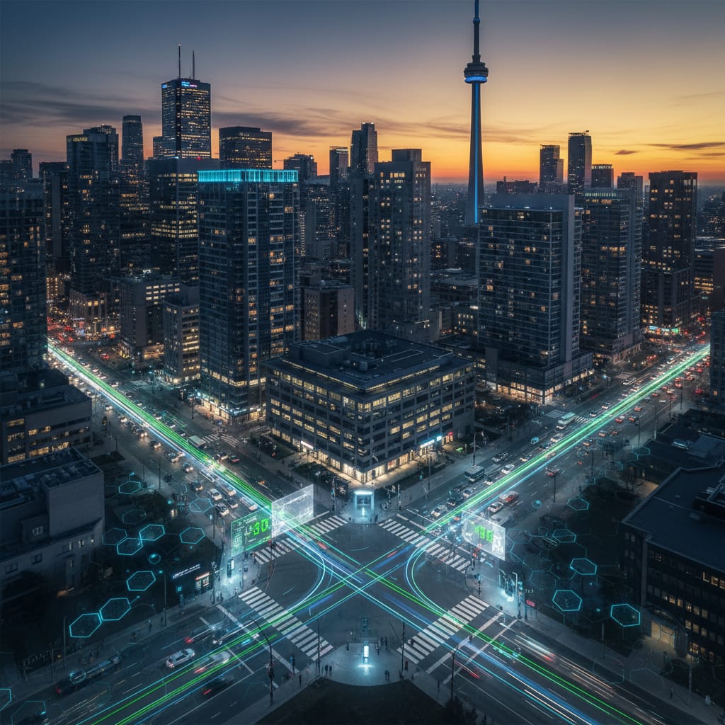Futuristic traffic control Toronto intersection at dusk, advanced traffic control, digital overlays, CN Tower and skyline. Aesthetic: dynamic, professional, safe, efficient, cutting-edge.